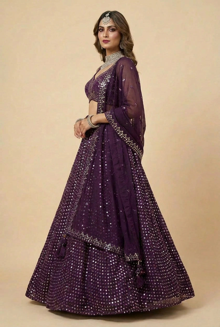 Purple Raw Silk Lehenga Set with Resham Work for Family Wedding