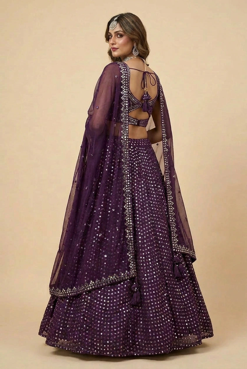 Purple Raw Silk Lehenga Set with Resham Work for Family Wedding