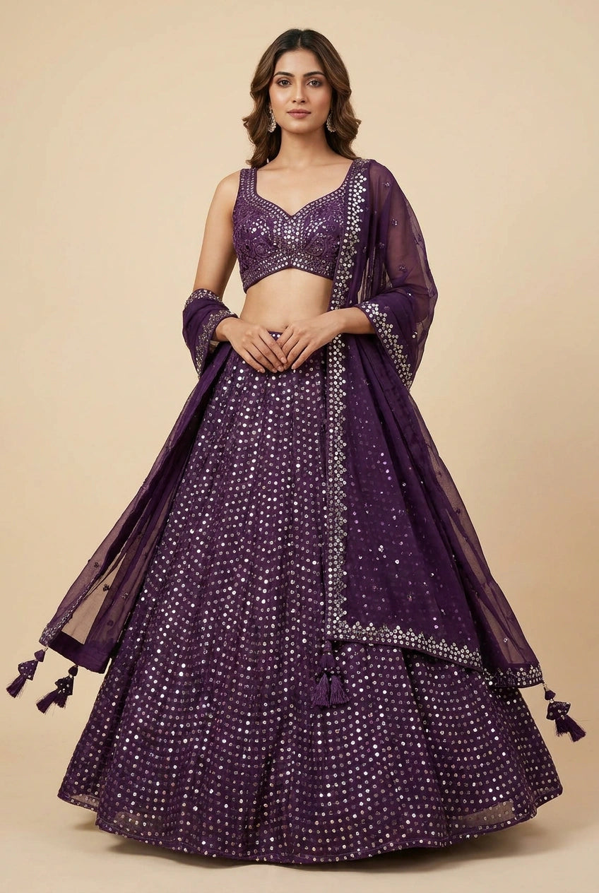 Purple Raw Silk Lehenga Set with Resham Work for Family Wedding