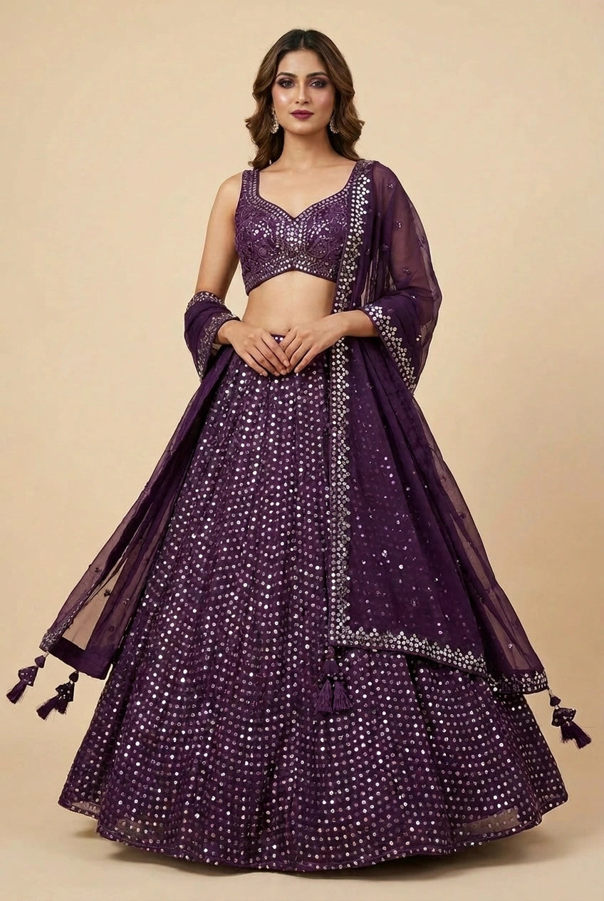 Purple Raw Silk Lehenga Set with Resham Work for Family Wedding