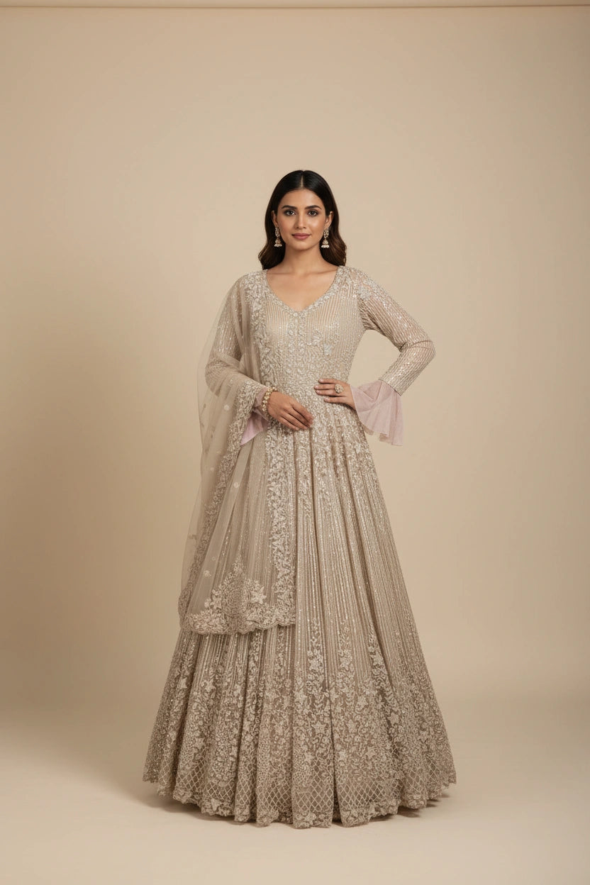 Grand Couture Embroidered Net Suit Gown | Rangoli