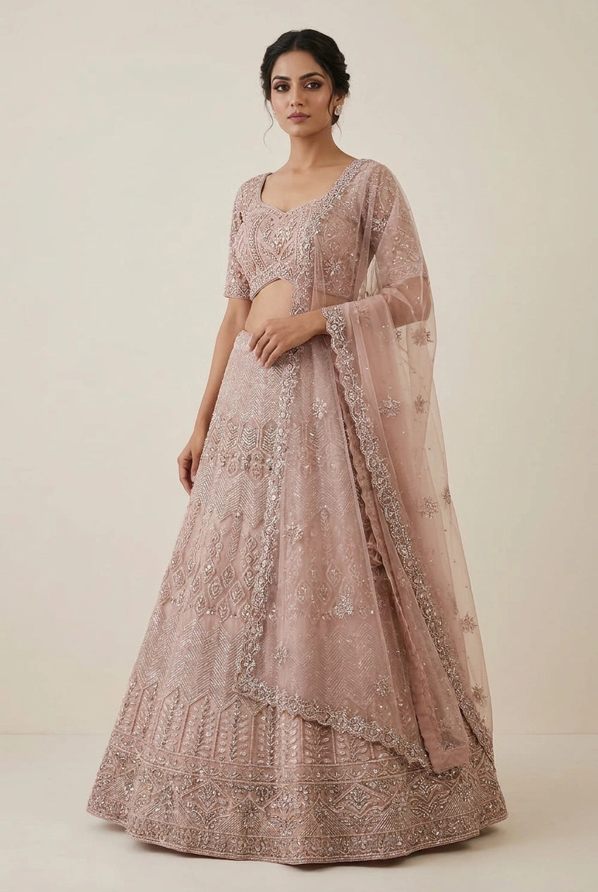 Beige Royal Bridal Embroidered Net Lehenga Choli – Reception