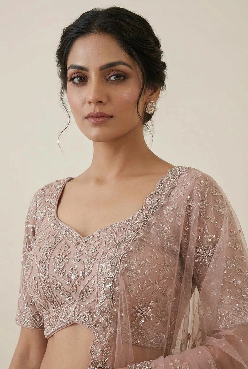 Beige Royal Bridal Embroidered Net Lehenga Choli – Reception