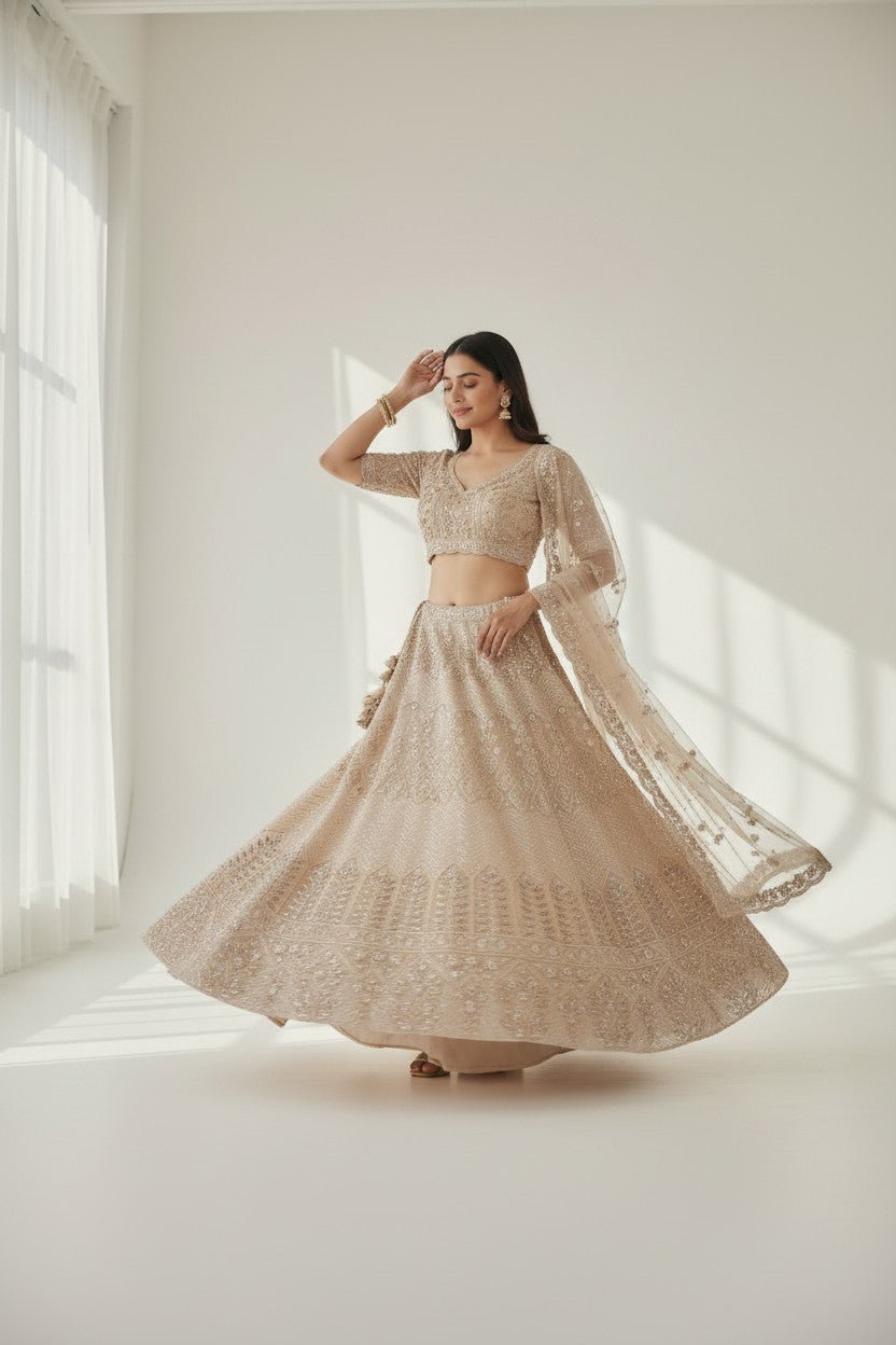 Royal Bridal Embroidered Net Lehenga Choli Set - Beige | Rangoli
