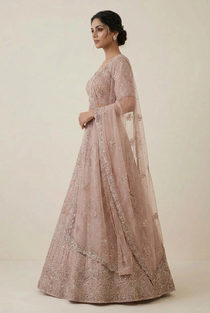 Beige Royal Bridal Embroidered Net Lehenga Choli