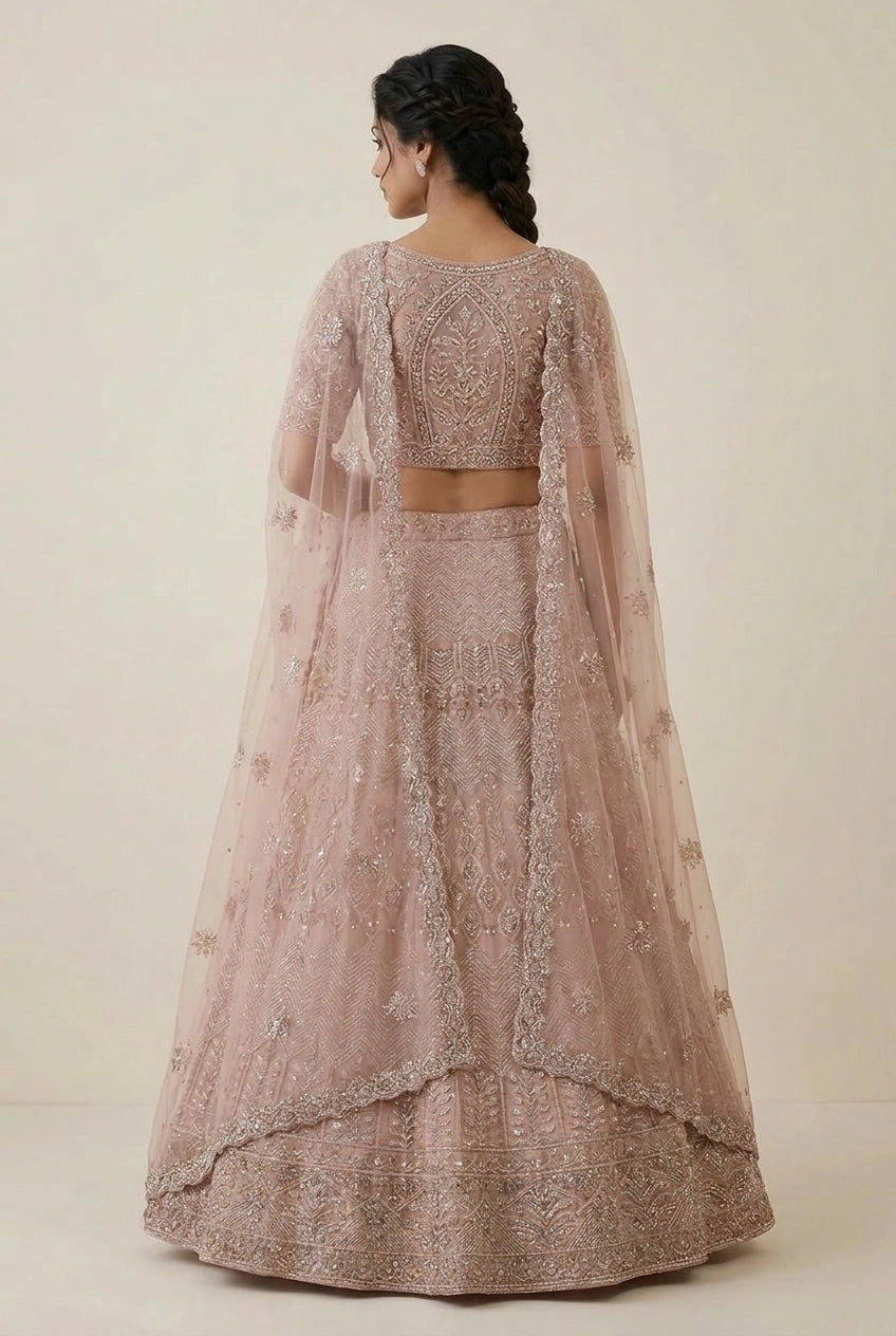 Beige Royal Bridal Embroidered Net Lehenga Choli