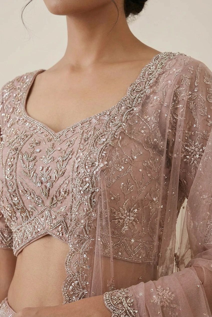 Beige Royal Bridal Embroidered Net Lehenga Choli
