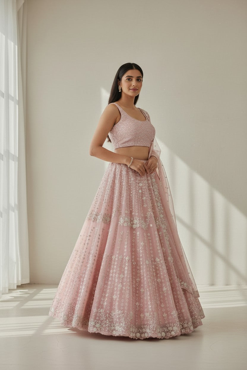 Couture Bridal Embroidered Net Lehenga Choli Set - View 2 | Rangoli