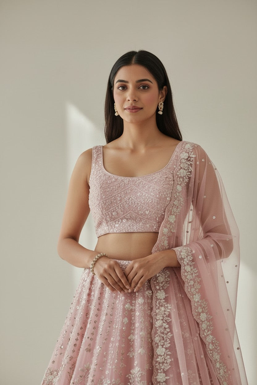 Couture Bridal Embroidered Net Lehenga Choli Set - View 4 | Rangoli