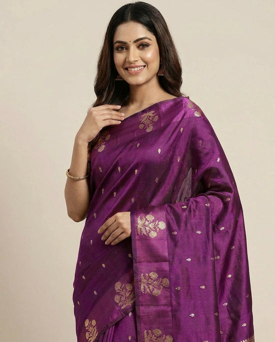 Puna Silk Banarasi Saree with Zari Woven Floral Motifs - Rangoli India