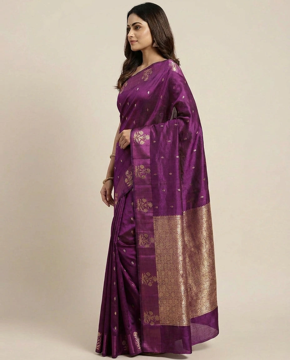 Puna Silk Banarasi Saree with Zari Woven Floral Motifs - Rangoli India