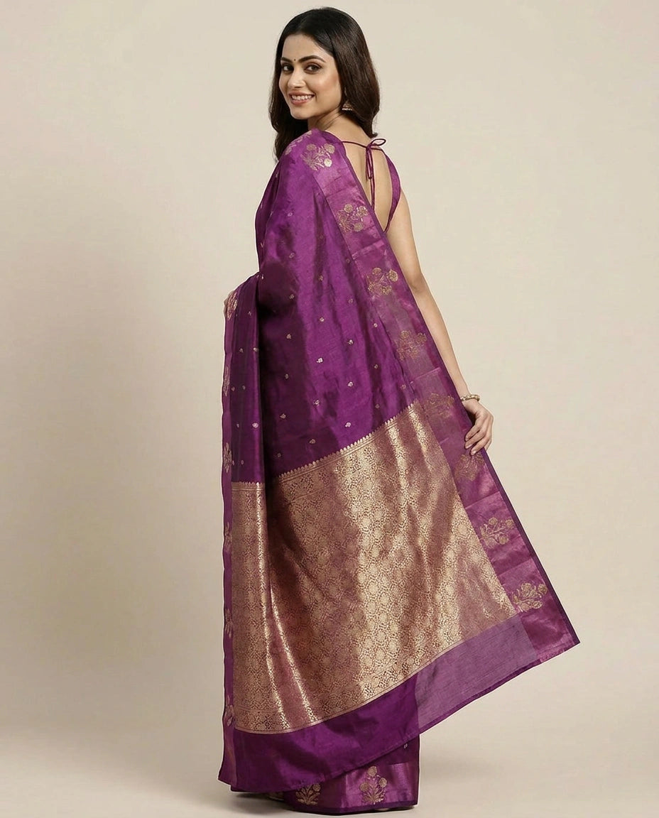 Puna Silk Banarasi Saree with Zari Woven Floral Motifs - Rangoli India