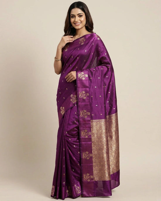 Puna Silk Banarasi Saree with Zari Woven Floral Motifs - Rangoli India