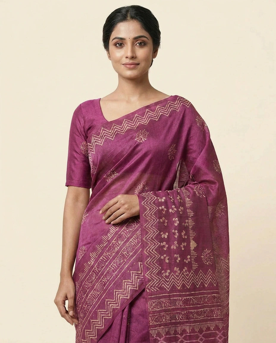 Digital Print Tussar Silk Saree with Ethnic Floral Work view 2