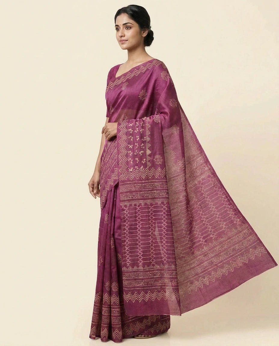 Digital Print Tussar Silk Saree with Ethnic Floral Work view 3