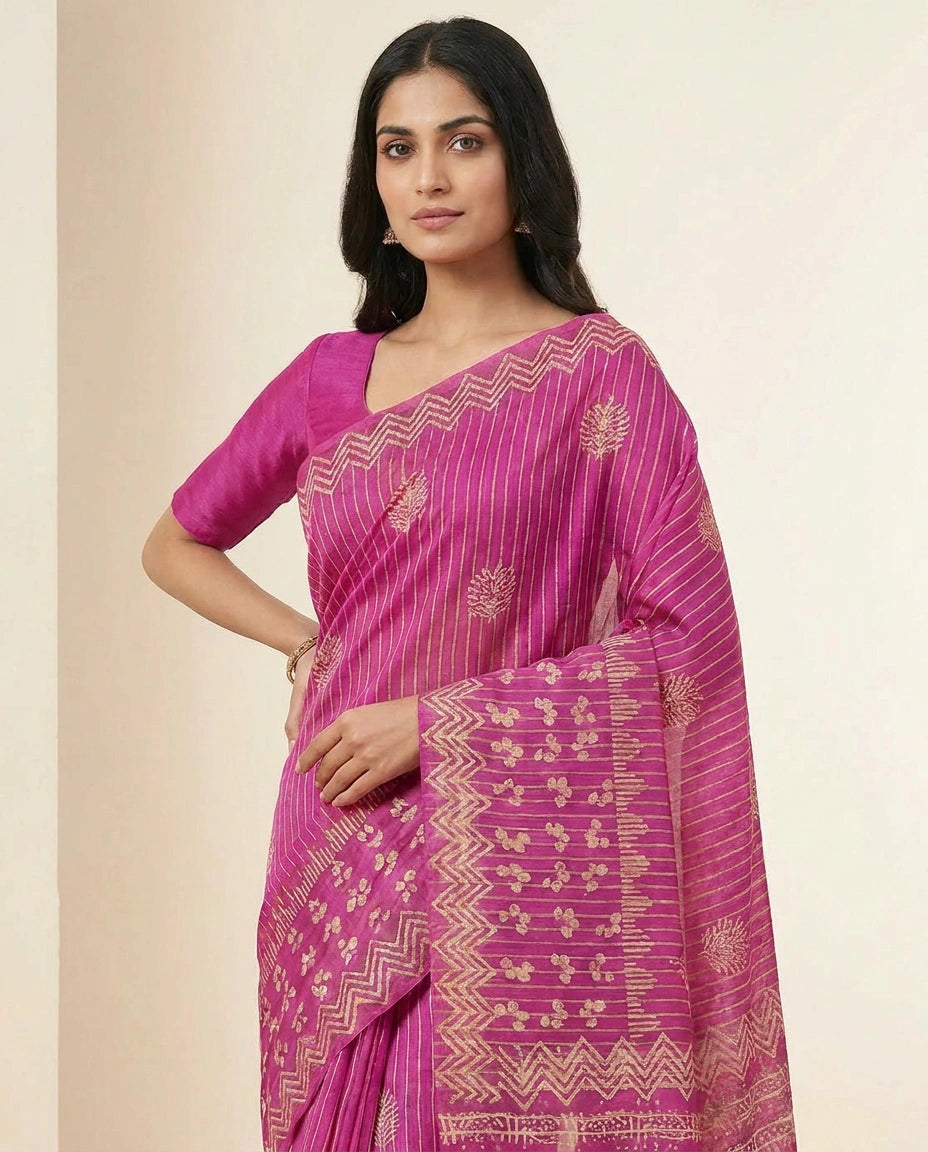 Digital Print Tussar Silk Saree with Ethnic Floral Work Printed Saree by Rangoli