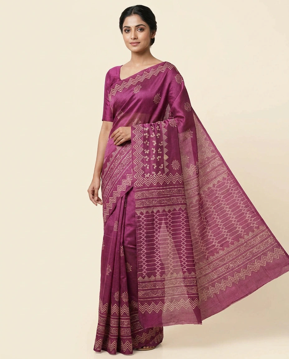 Digital Print Tussar Silk Saree with Ethnic Floral Work view 1