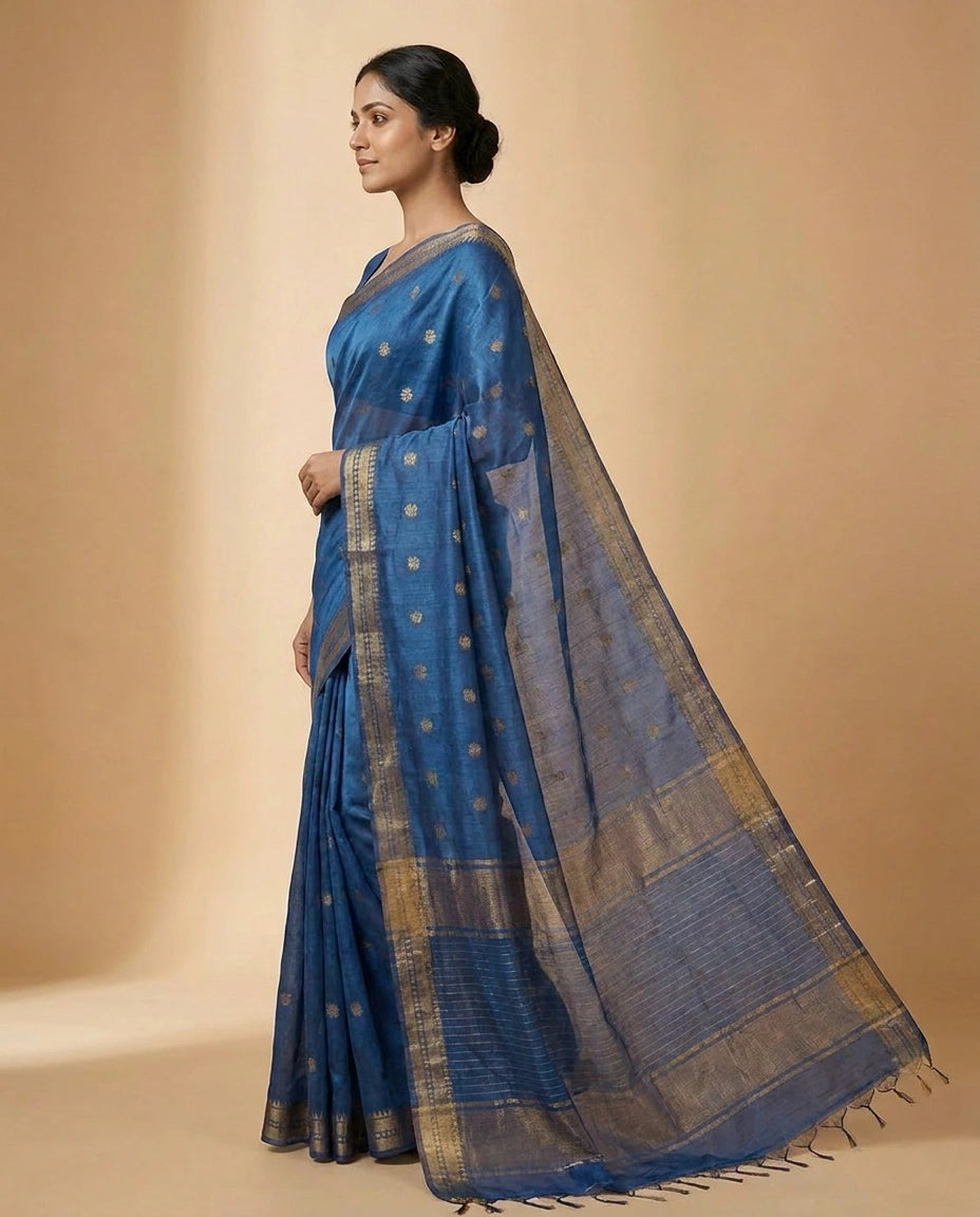 Black Tussar Silk Chapa Weave Saree with Natural Woven Texture - Rangoli India