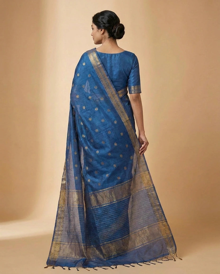 Black Tussar Silk Chapa Weave Saree with Natural Woven Texture - Rangoli India