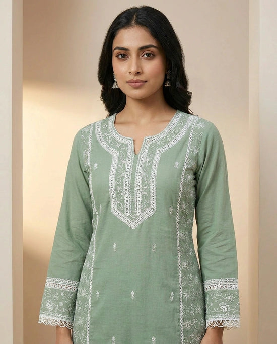 Cotton Straight Suit with Hand Embroidered Neckline Online India - Rangoli India