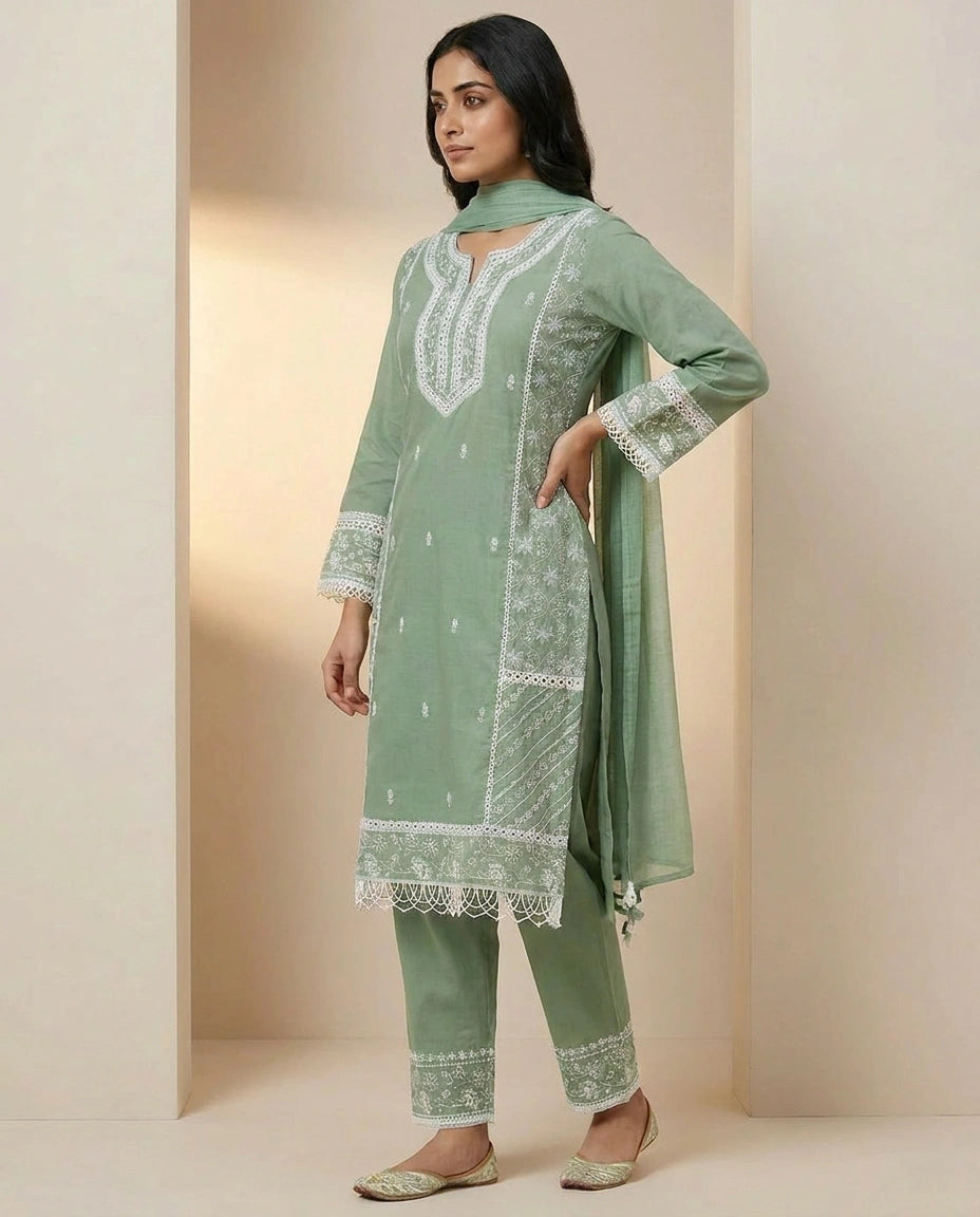 Cotton Straight Suit with Hand Embroidered Neckline Online India - Rangoli India