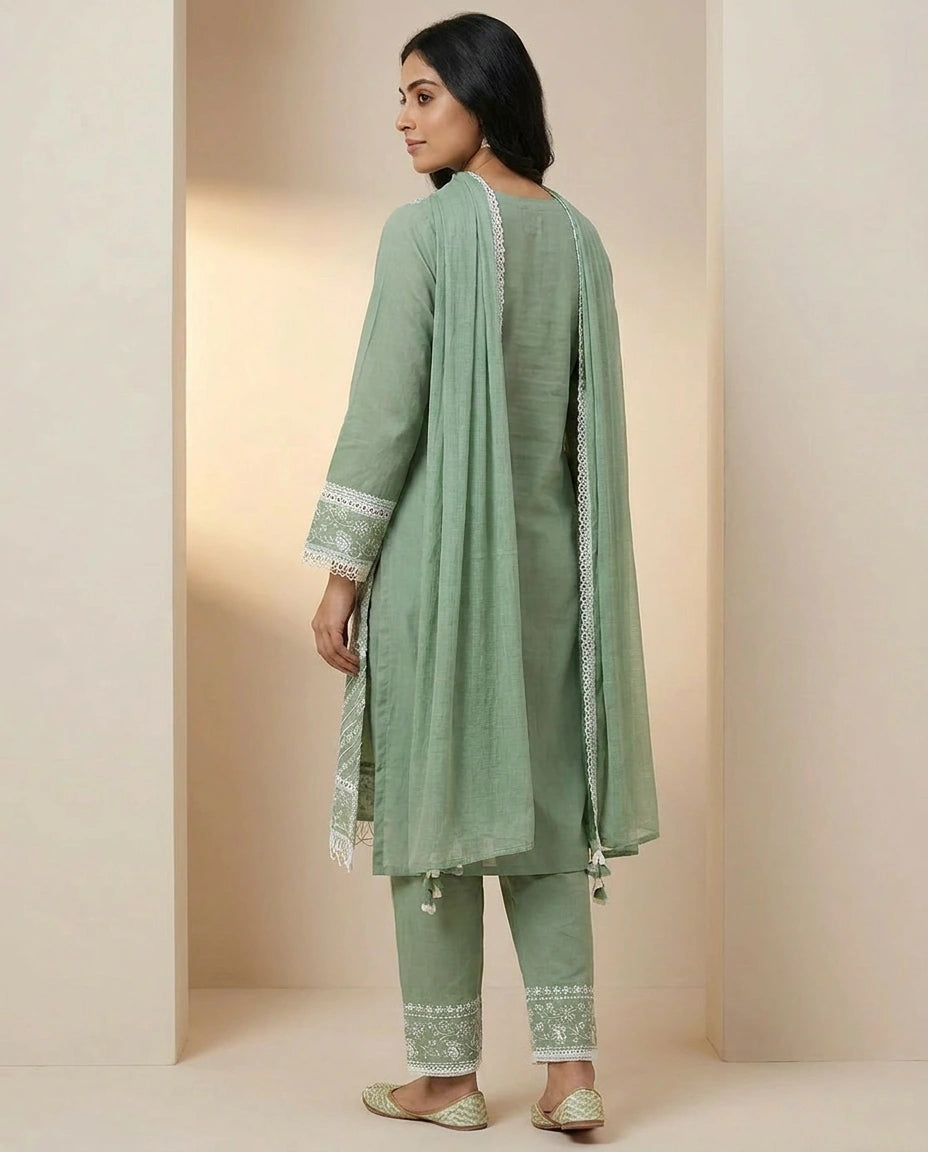 Cotton Straight Suit with Hand Embroidered Neckline Online India - Rangoli India