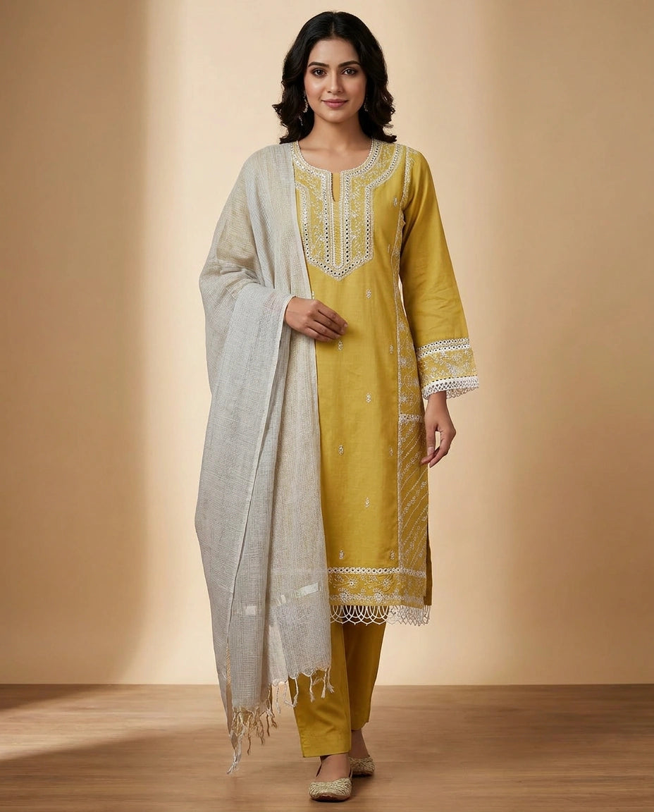 Cotton Straight Suit with Hand Embroidered Neckline Online India - Rangoli India