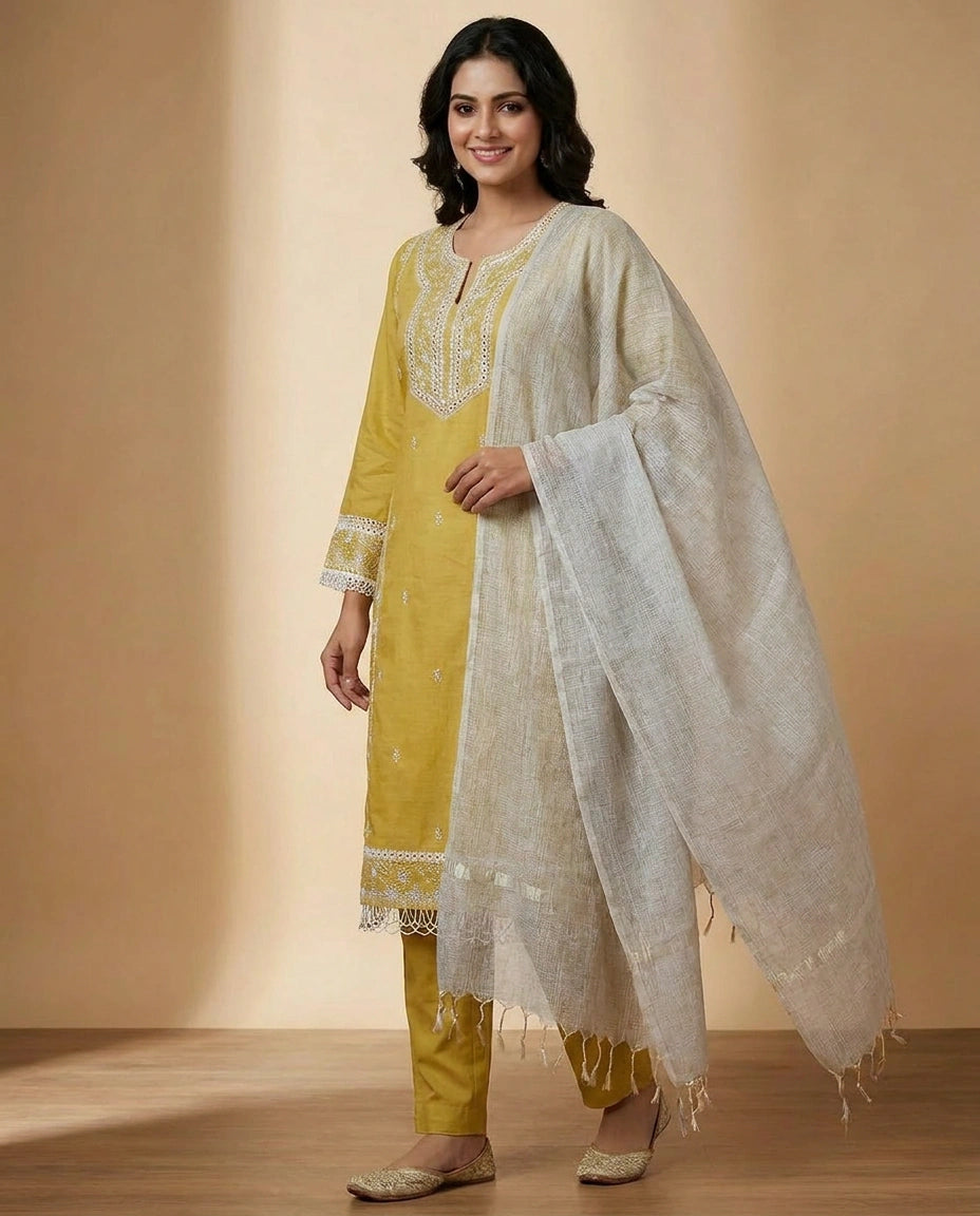 Cotton Straight Suit with Hand Embroidered Neckline Online India - Rangoli India