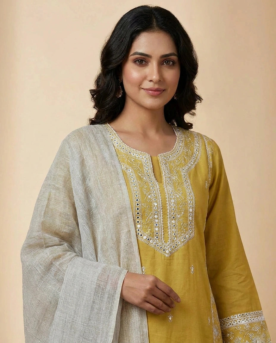Cotton Straight Suit with Hand Embroidered Neckline Online India - Rangoli India