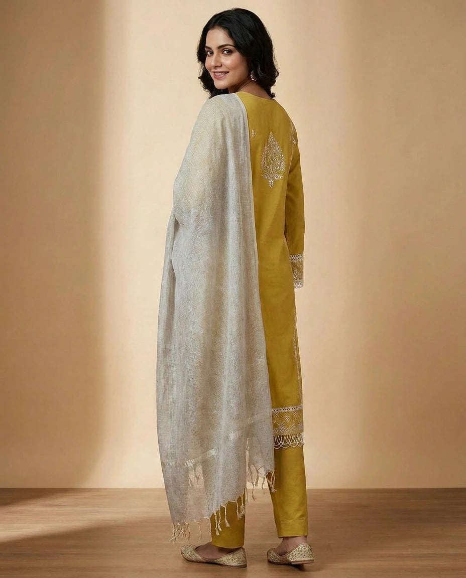 Cotton Straight Suit with Hand Embroidered Neckline Online India - Rangoli India