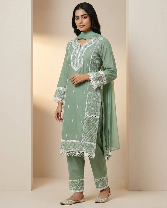 Cotton Straight Suit with Hand Embroidered Neckline Online India - Rangoli India