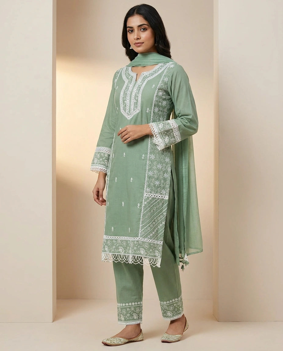Cotton Straight Suit with Hand Embroidered Neckline Online India - Rangoli India
