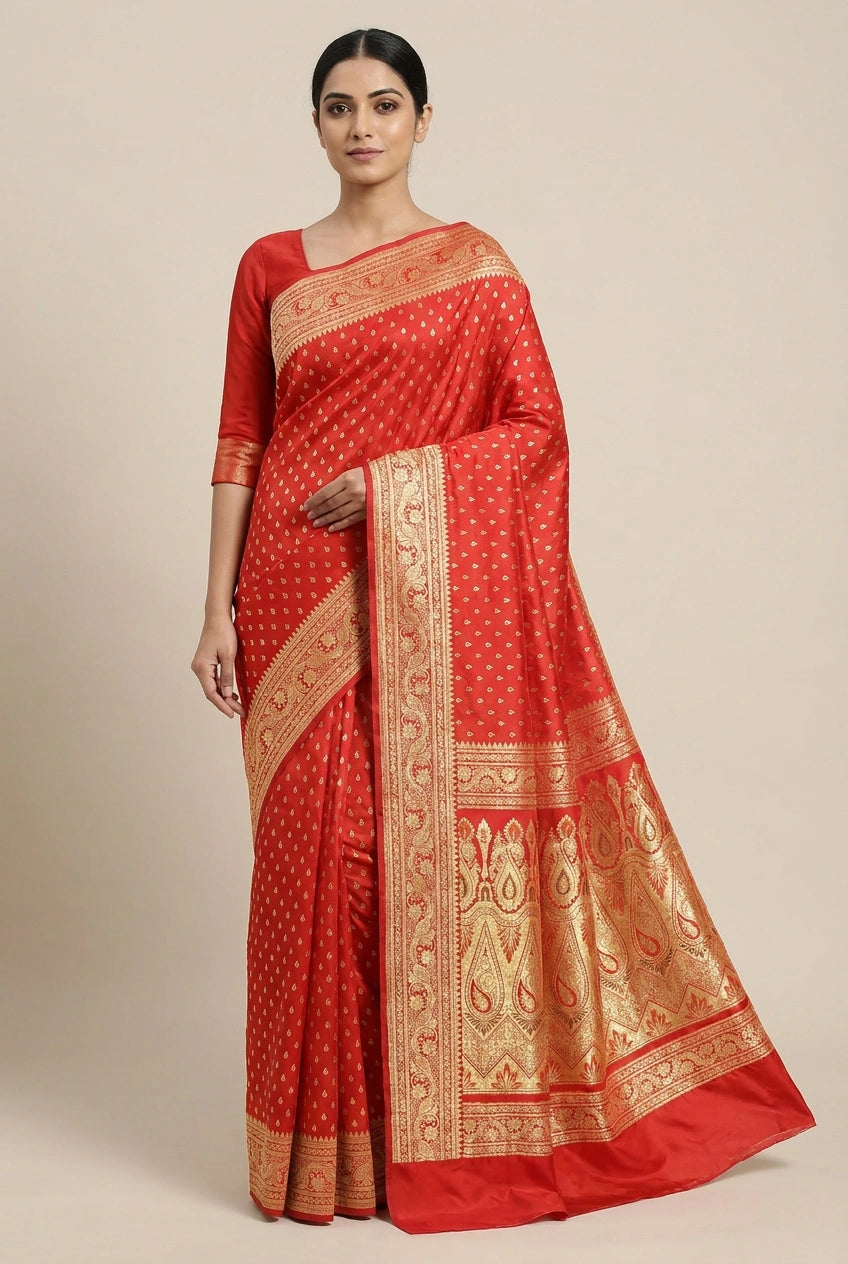 Red saree with gold patterns worn by a model on a beige background