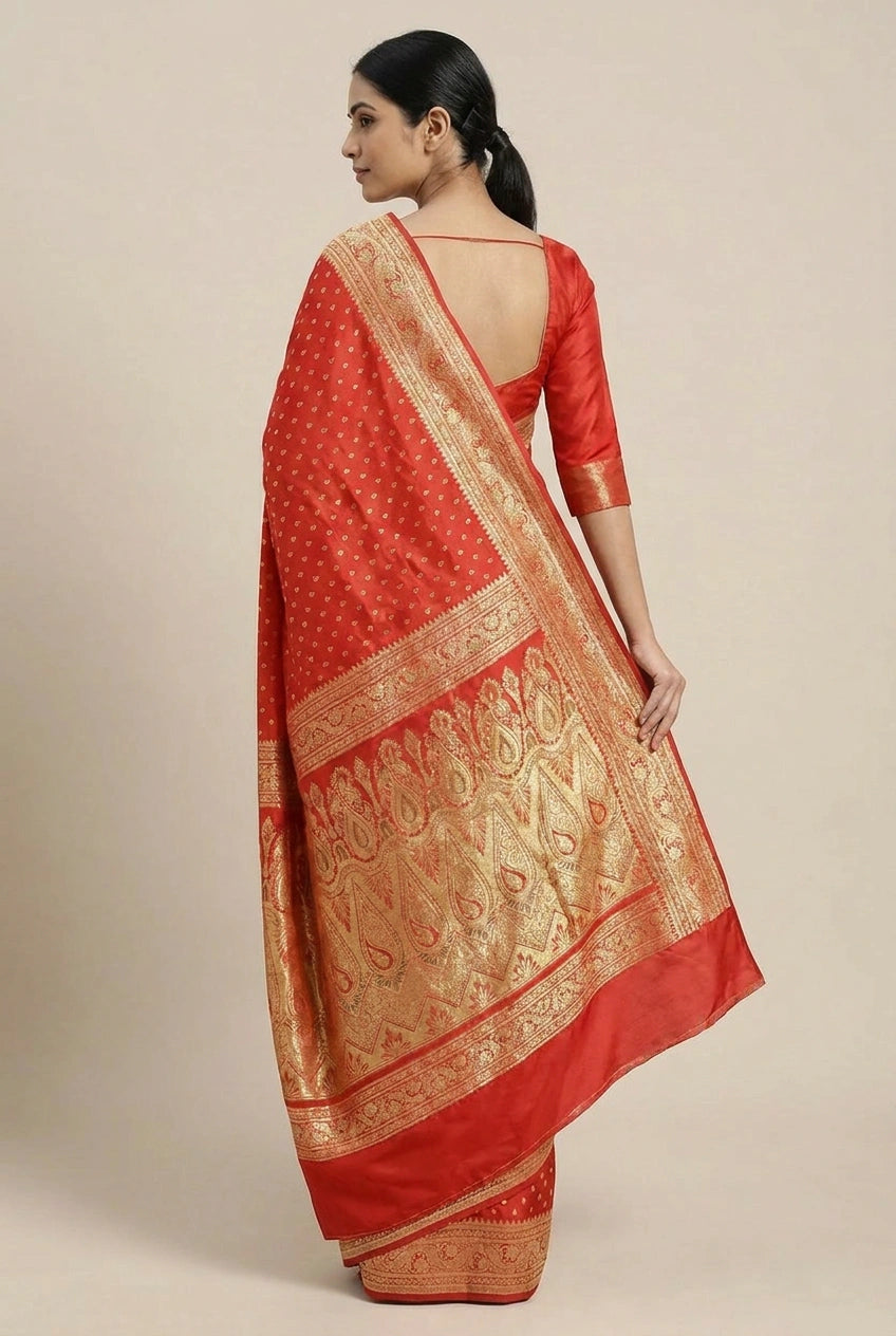 Red Satin Silk Banarasi Saree with Khinkhwab Brocade - Rangoli India