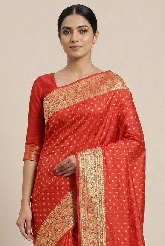 Red Satin Silk Banarasi Saree with Khinkhwab Brocade - Rangoli India