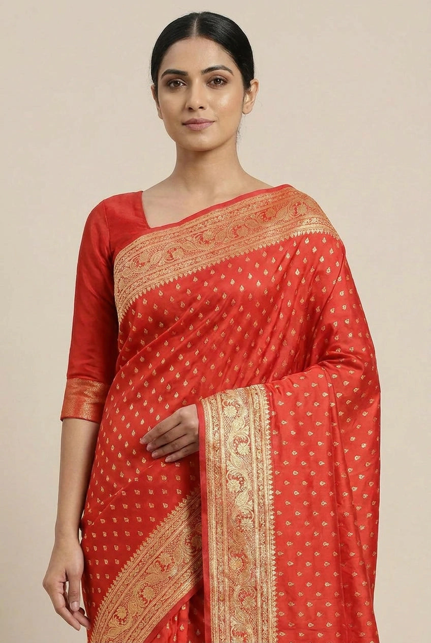 Woman wearing a red saree with gold patterns on a beige background