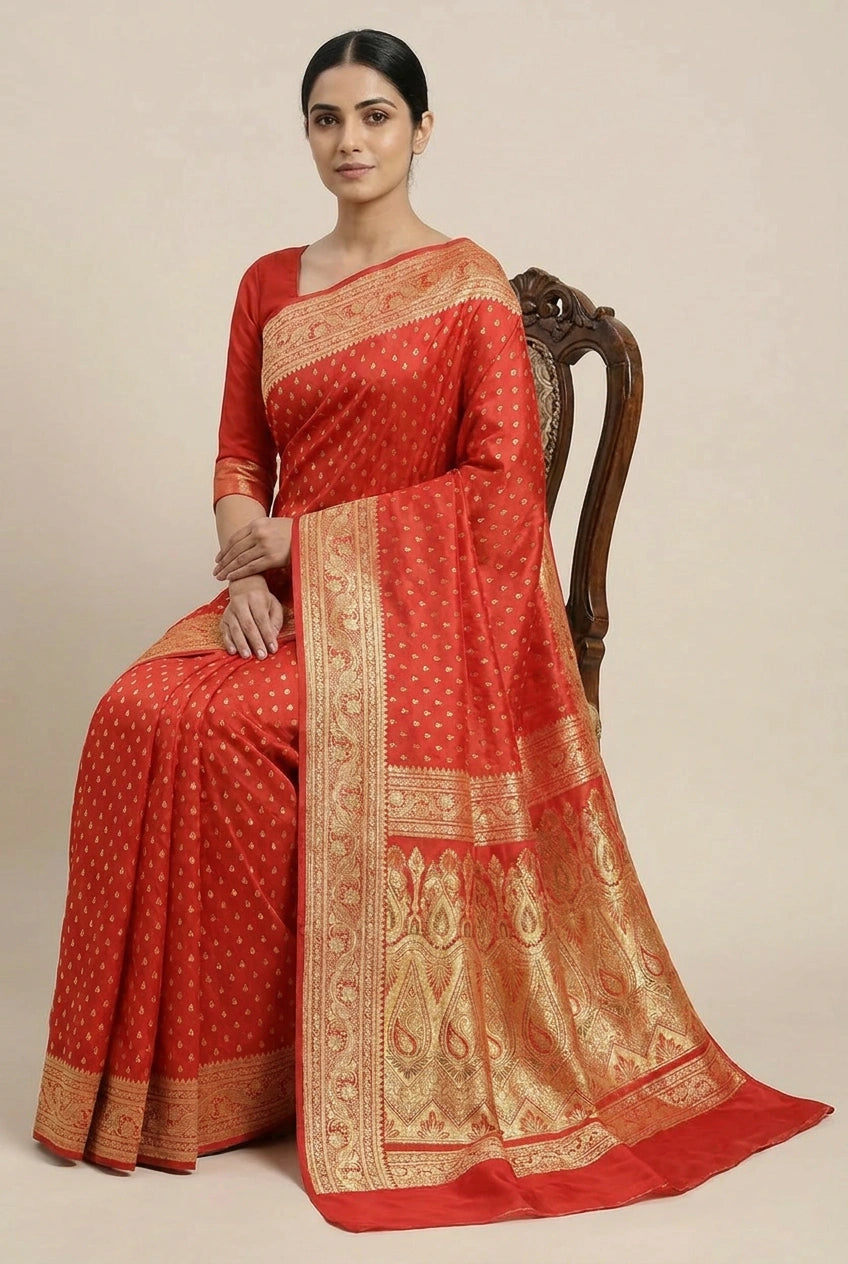 Red Satin Silk Bridal Banarasi Saree for Bridal Sangeet