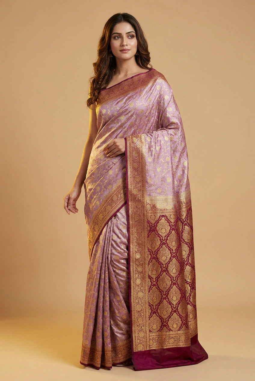 Woman wearing a traditional saree with a gold and purple pattern on a beige background