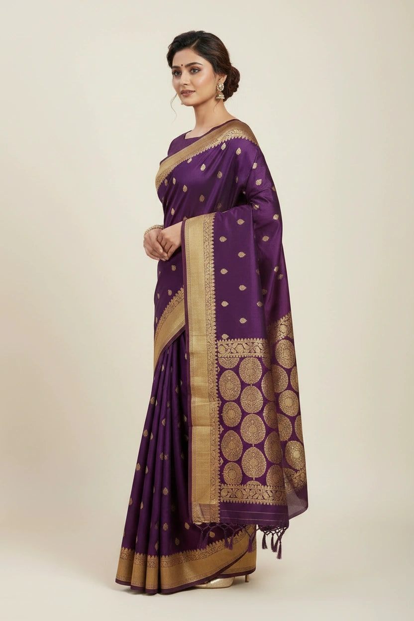 Woman wearing a purple saree with gold patterns on a beige background