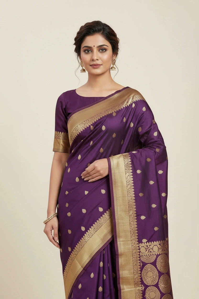 Woman wearing a purple saree with gold border on a beige background