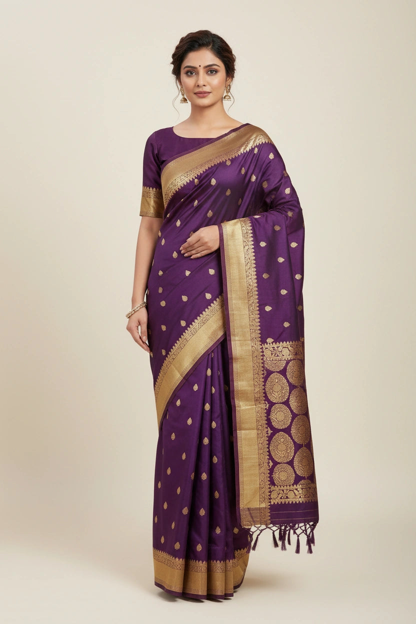 Woman wearing a purple saree with gold border on a beige background