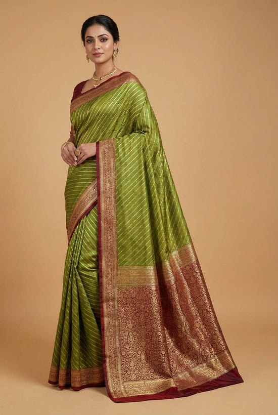 Green Pista Green Satin Silk Banarasi Saree with Bridal Boota - Rangoli India