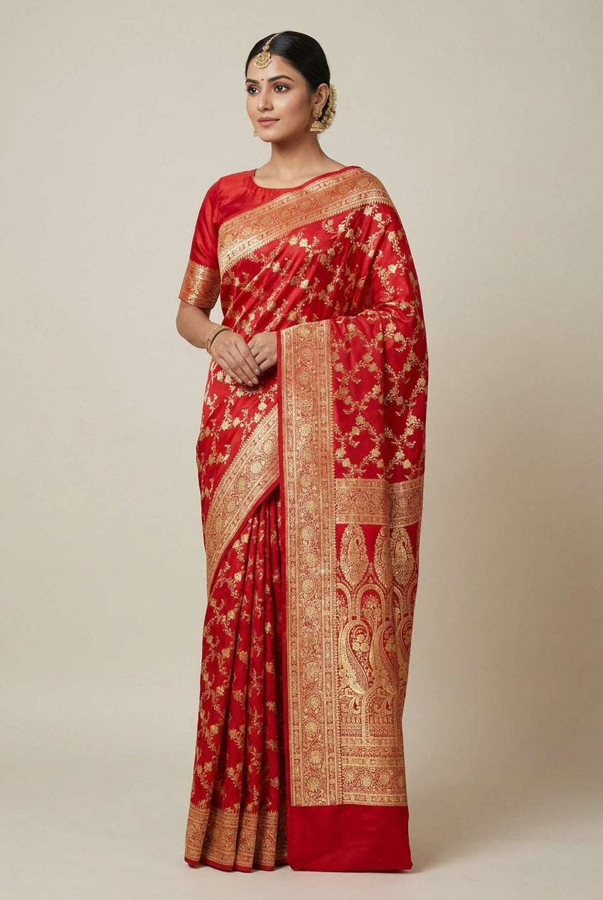 Woman wearing a red saree with gold patterns on a beige background