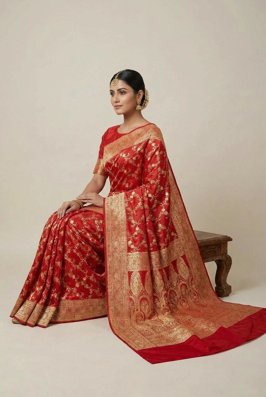Woman wearing a red saree with gold patterns on a plain background