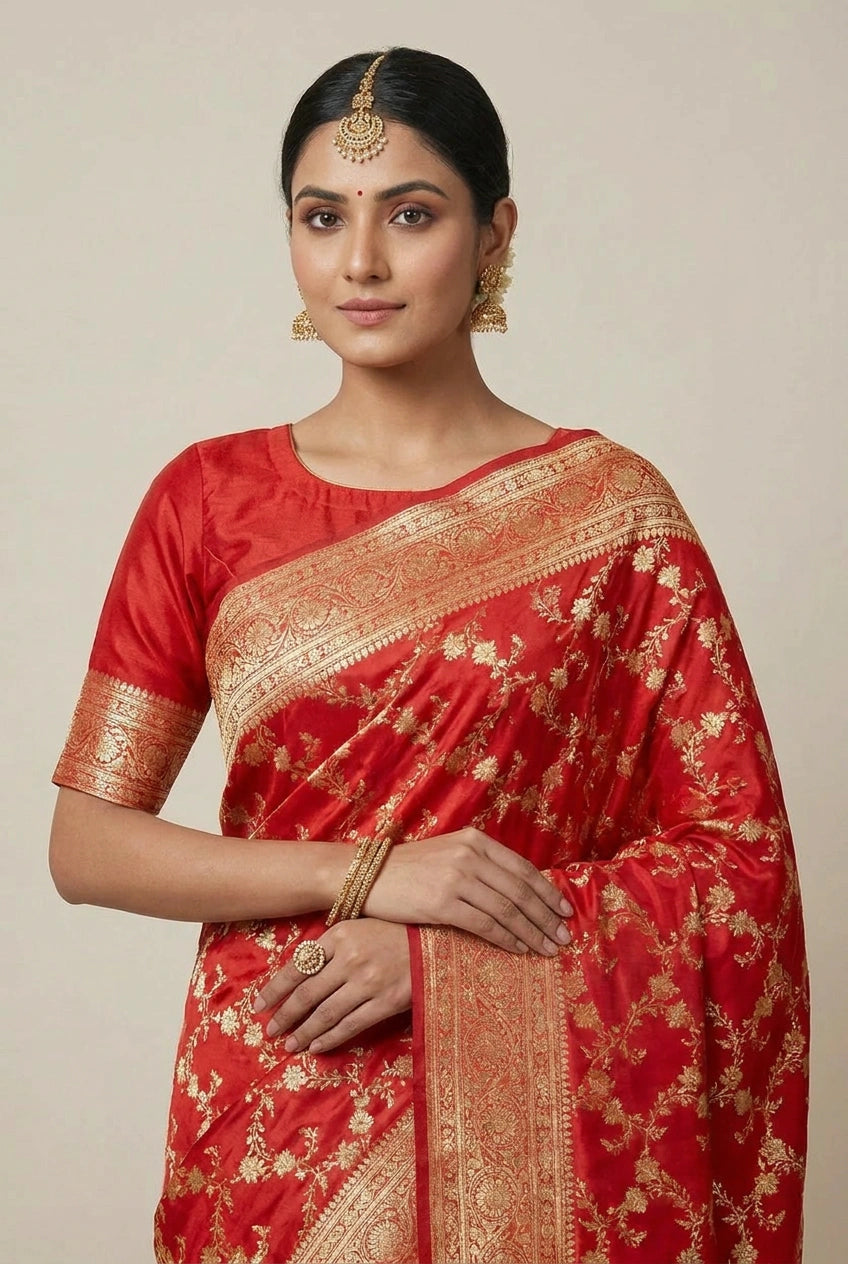 Maroon Satin Silk Bridal Banarasi Saree for Bridal Mehendi