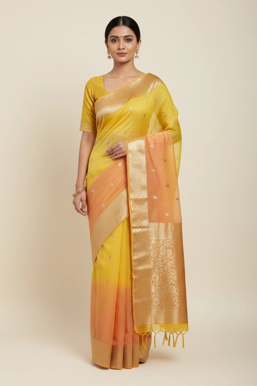 Banarasi Raw Mango Silk Saree with Heritage Booti Weave - View 2 | Rangoli