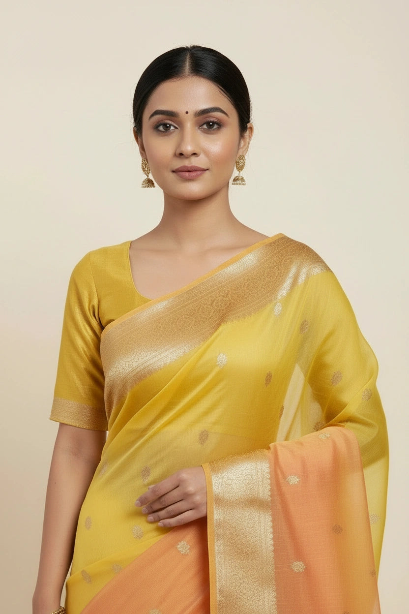 Banarasi Raw Mango Silk Saree with Heritage Booti Weave - View 3 | Rangoli