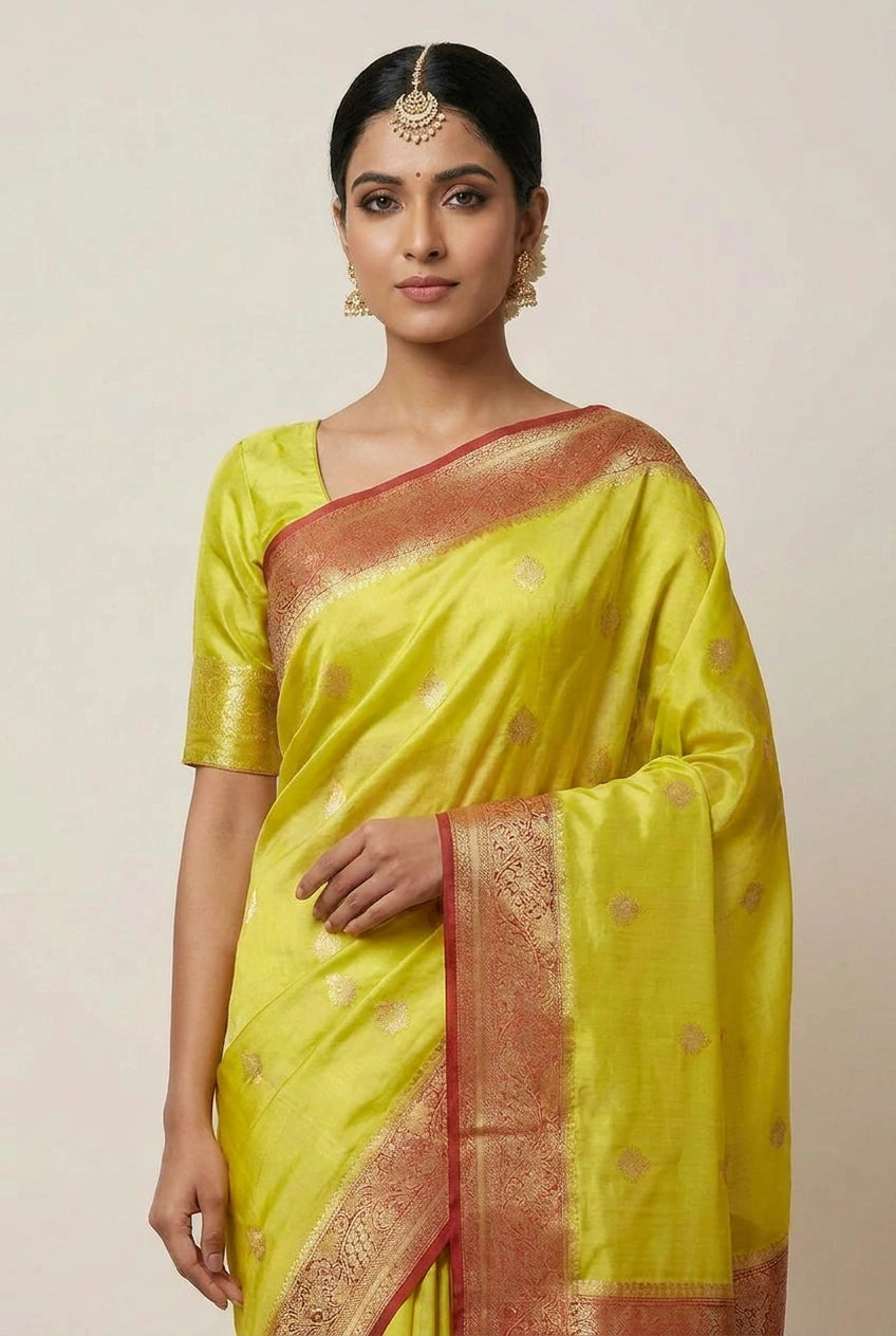 Designer Raw Mango Silk Banarasi Silk Saree - Yellow/Rani | Rangoli