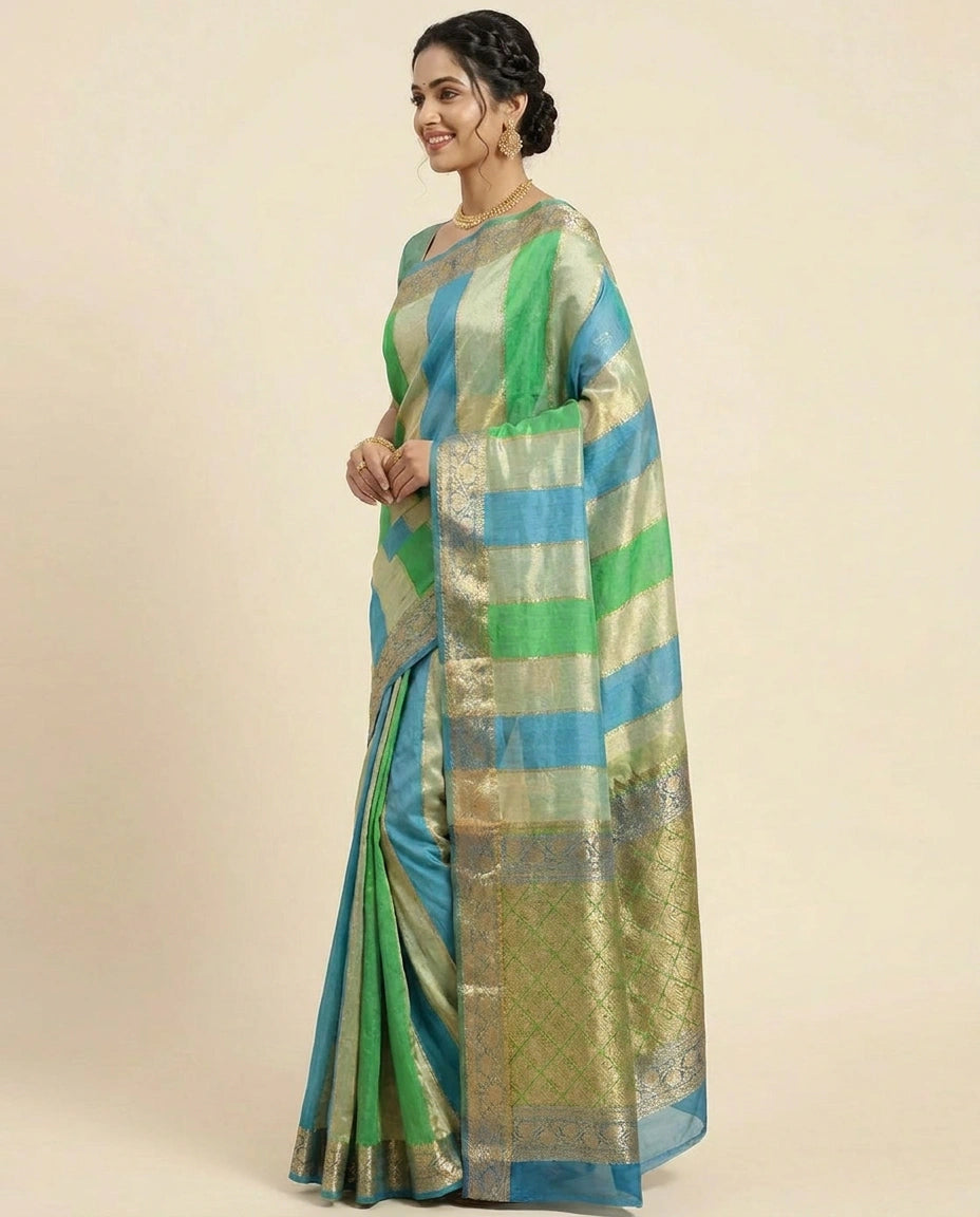 Multi-Colour Organza Banarasi Saree with Woven Border - Rangoli India