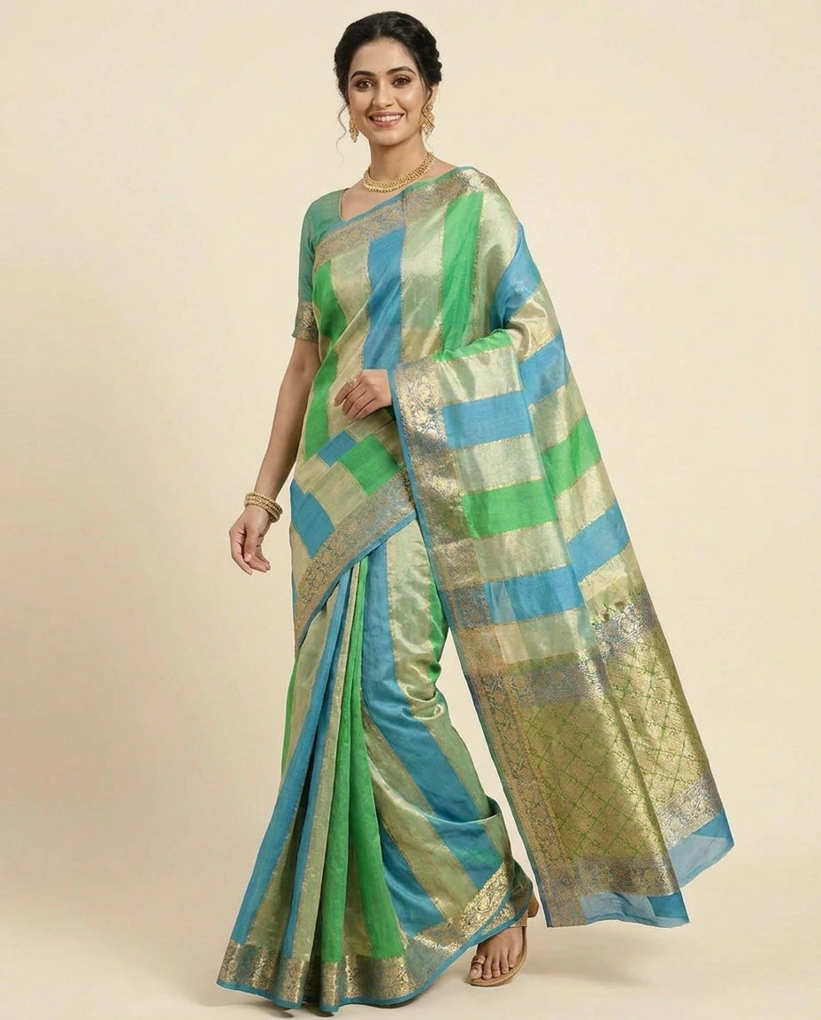 Multi-Colour Organza Banarasi Saree with Woven Border - Rangoli India